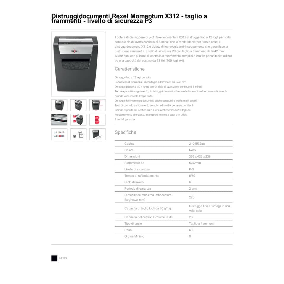 Distruggidocumenti uso moderato Rexel Momentum X312 - P-3 - 23 L - taglio a frammenti 5x42 mm - 2104572EU