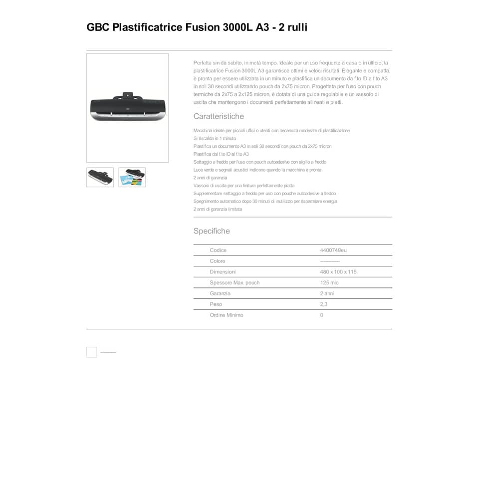 Plastificatrice a caldo GBC Fusion 3000L per pouches da 2x125my A3 4400749EU