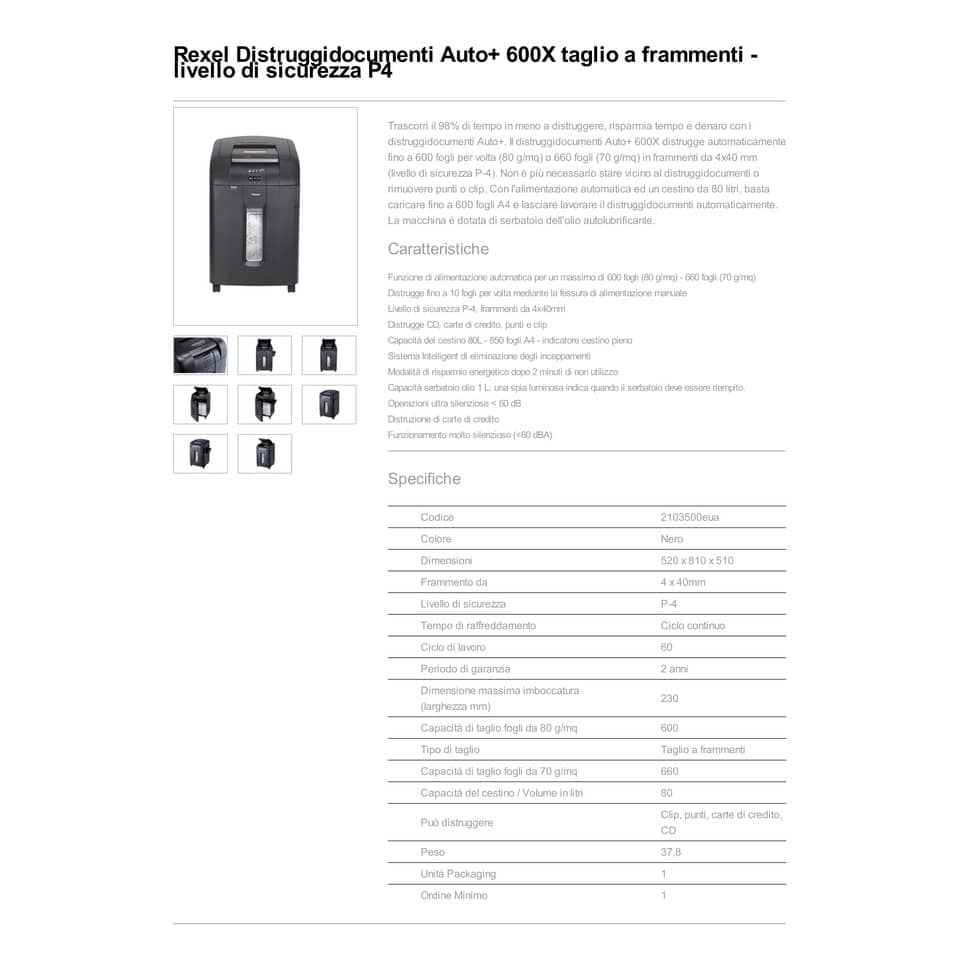 Distruggidocumenti ad alimentazione automatica Rexel Auto+600X P-4 80 L taglio a frammenti 4x40 mm - 2103500EUA