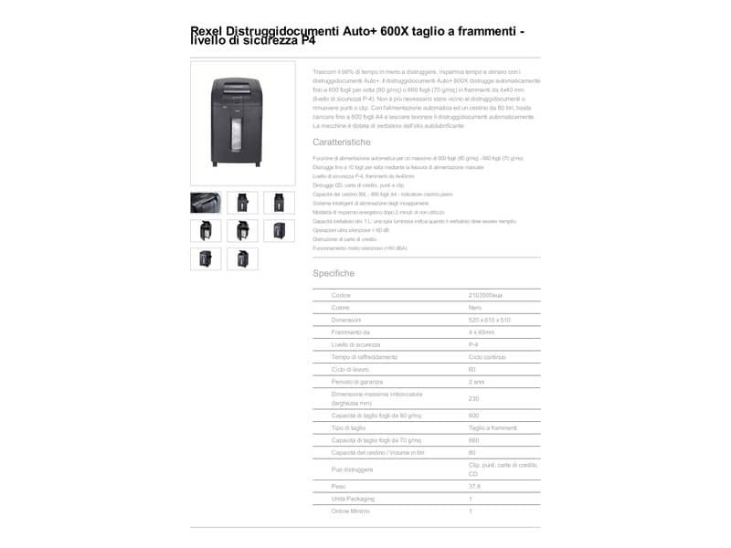 Distruggidocumenti ad alimentazione automatica Rexel Auto+600X P-4 80 L taglio a frammenti 4x40 mm - 2103500EUA
