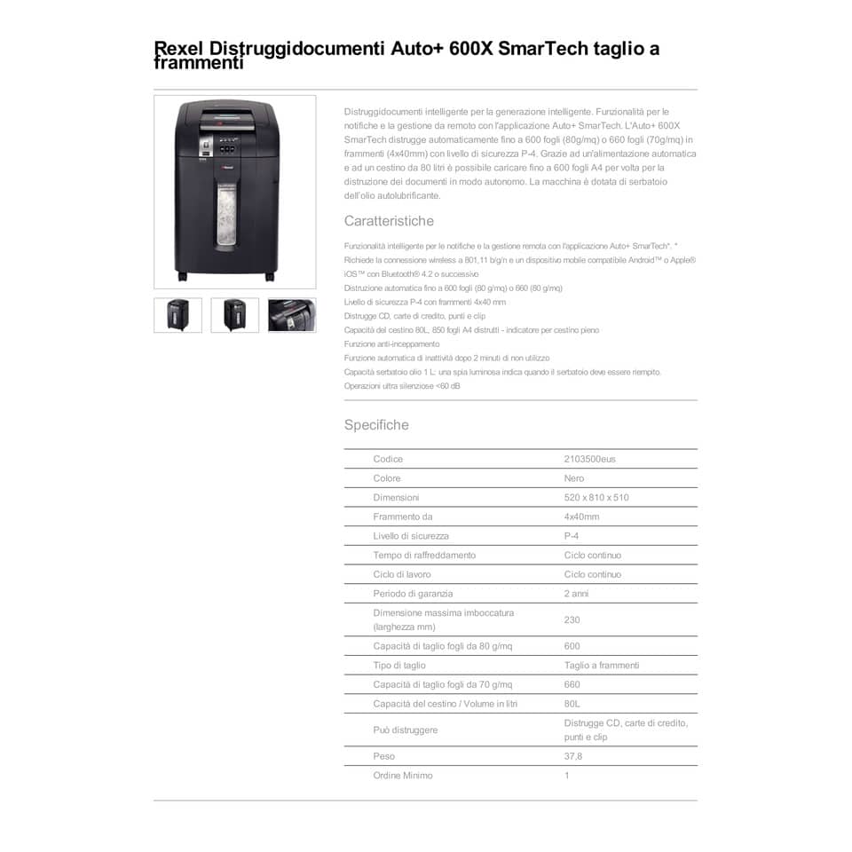 Distruggidocumenti ad alimentazione automatica Rexel Auto+600X Smartech P-4 80 L taglio frammenti 4x40 mm 2103500EUS