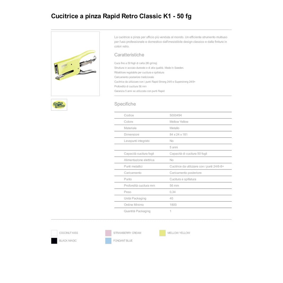 Cucitrice a pinza Rapid K1 Classic 50 fogli mellow yellow 5000494