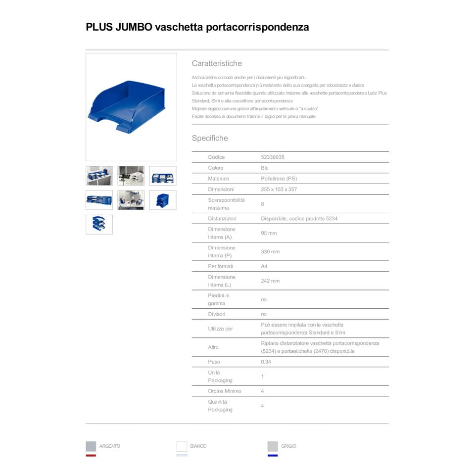 Vaschetta portacorrispondenza impilabile Leitz PLUS JUMBO in polistirolo A4 blu 52330035