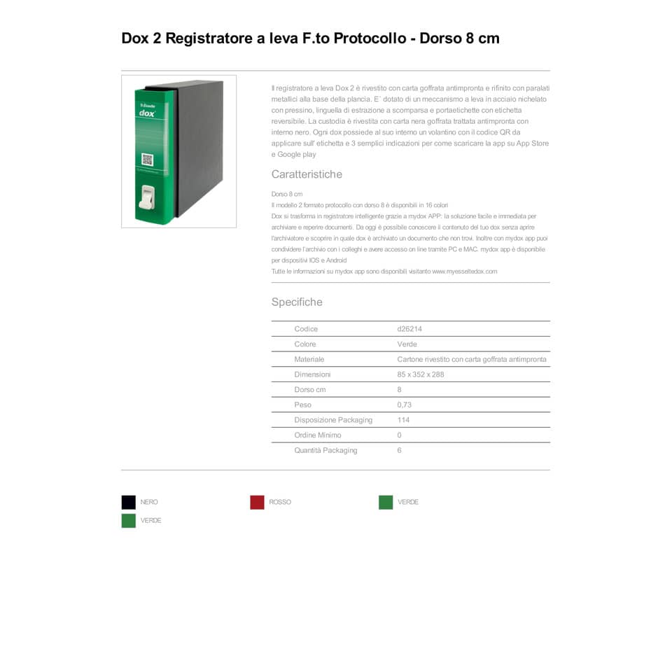 Registratore a leva DOX2 Protocollo 28,5x35 cm - dorso 8 cm verde D26214