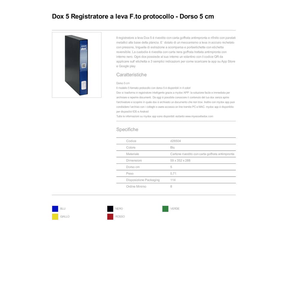 Registratore a leva DOX5 Protocollo 28,5x35 cm - dorso 5 cm blu D26504