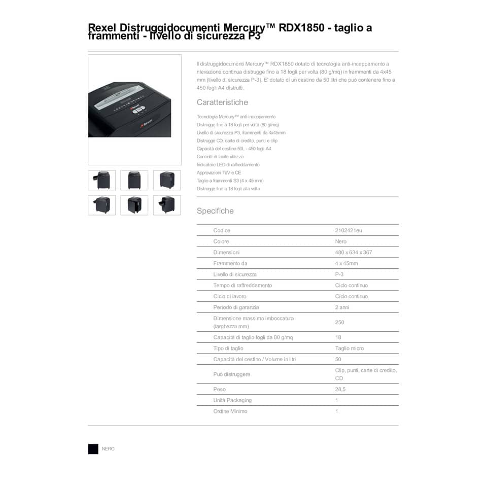Distruggidocumenti uso frequente Rexel Mercury RDX1850 P-3 50 L - taglio a frammenti 4x45 mm nero - 2102421EU