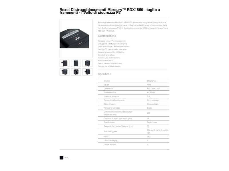 Distruggidocumenti uso frequente Rexel Mercury RDX1850 P-3 50 L - taglio a frammenti 4x45 mm nero - 2102421EU