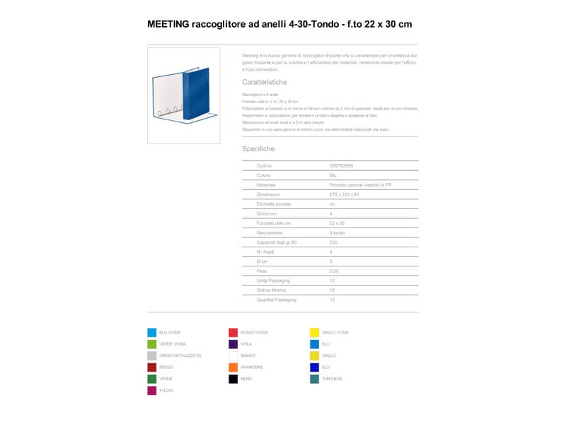 Raccoglitore Esselte Meeting a 4 anelli tondi 30mm cartone rivestito in PP blu metallizz. 22x30cm dorso 4cm - 395792960