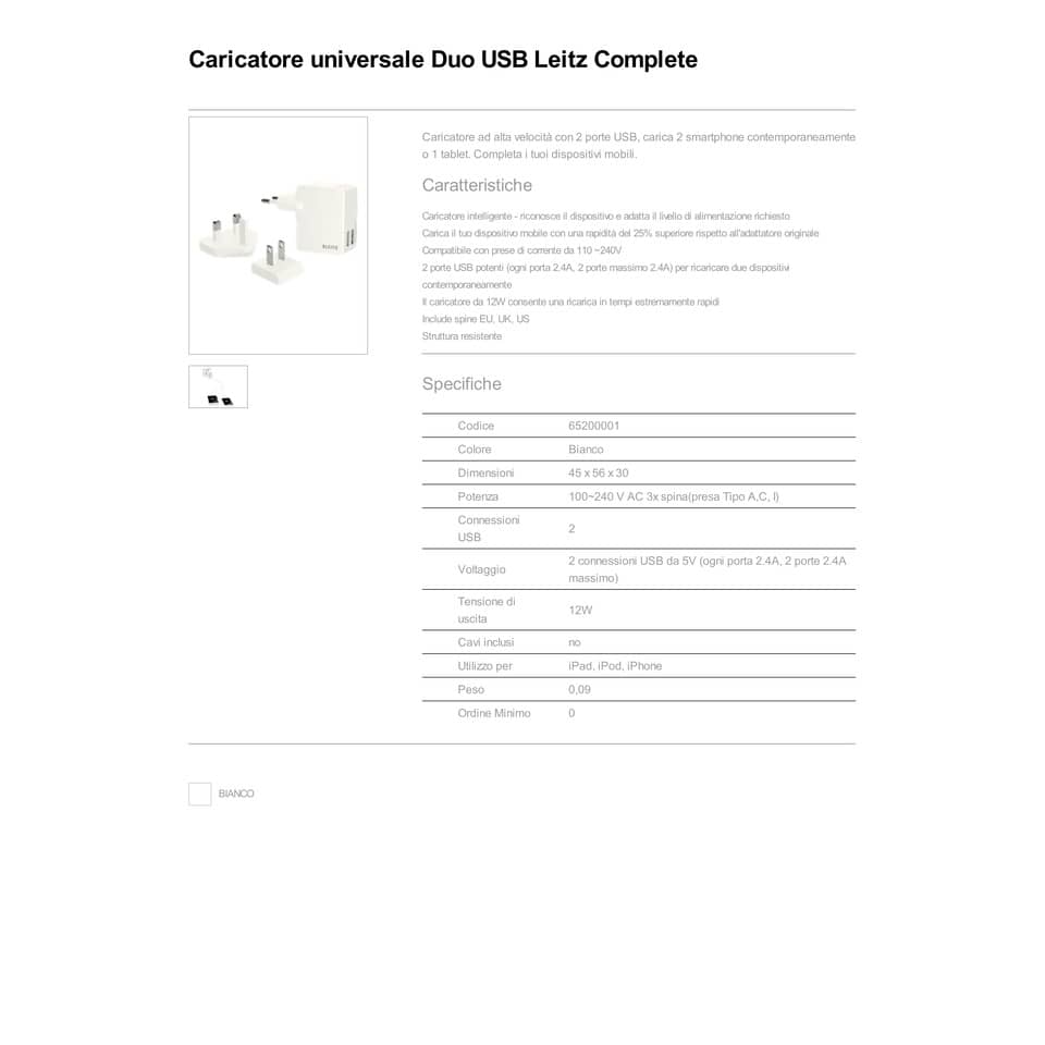 Caricatore da muro Universale con 2 porte USB - 12W Leitz bianco 65200001