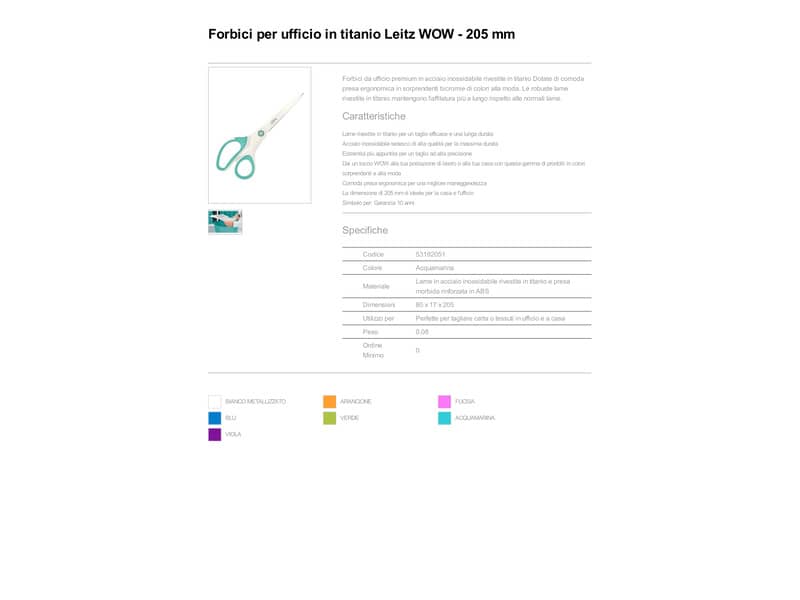 Forbici da ufficio Leitz WOW asimmetrica acciaio inox rivestito in titanio acqua marina metallizzato 20,5 cm - 53192051