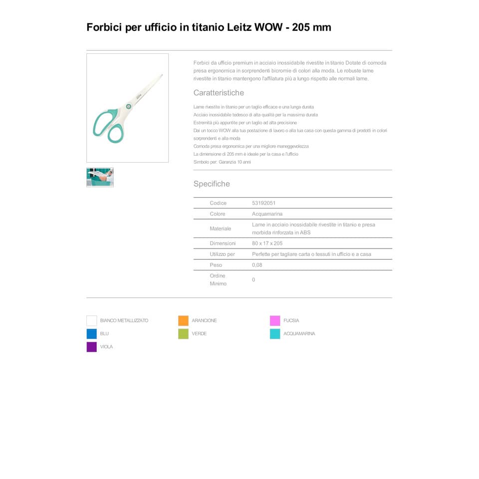 Forbici da ufficio Leitz WOW asimmetrica acciaio inox rivestito in titanio acqua marina metallizzato 20,5 cm - 53192051