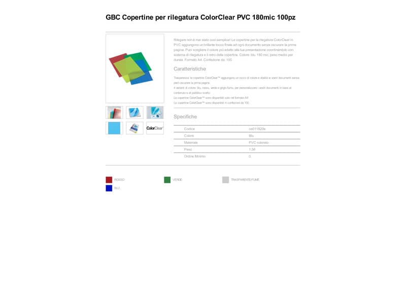 Copertine per rilegatura GBC ColorClean in pvc A4 blu conf da 100 copertine - CE011820E