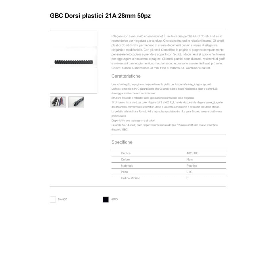 Dorsi plastici a 21 anelli GBC CombBind 28 mm A4 nero - fino a 240 fogli conf da 50 dorsi - 4028183