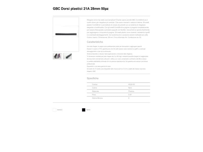 Dorsi plastici a 21 anelli GBC CombBind 28 mm A4 nero - fino a 240 fogli conf da 50 dorsi - 4028183