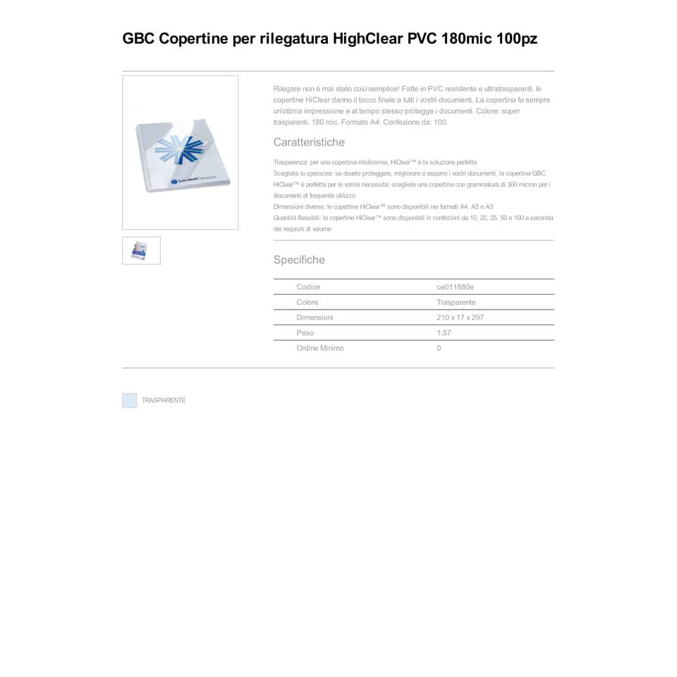 Copertine per rilegatura GBC Hiclear in pvc A4 180 my trasparente conf da 100 copertine - CE011880E