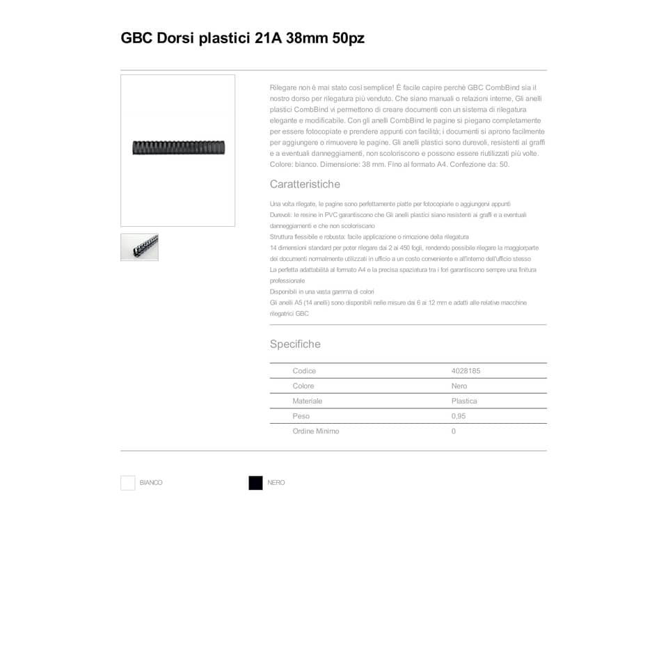 Dorsi plastici a 21 anelli GBC CombBind 38 mm A4 nero - fino a 330 fogli conf da 50 dorsi - 4028185