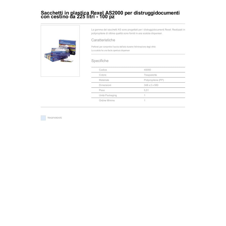Sacchetti di plastica per distruggidocumenti Rexel AS 225 L conf. da 100 - 40090