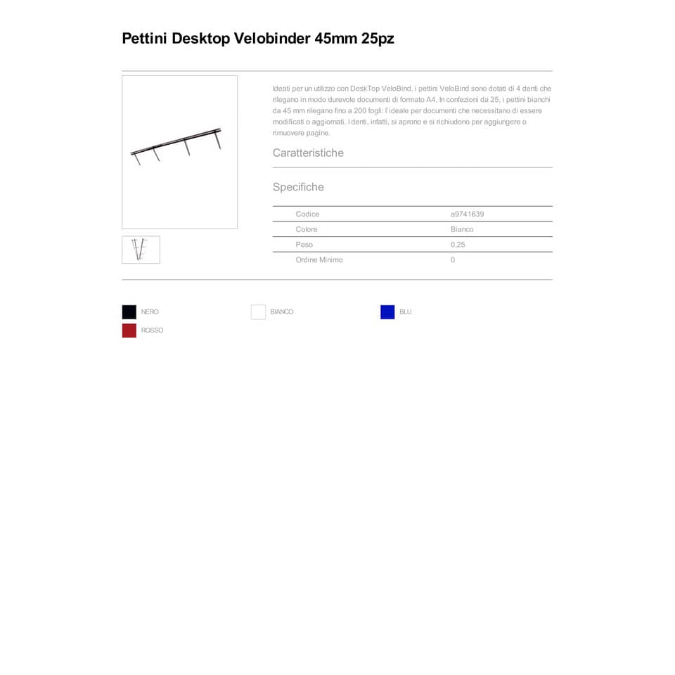 Pettini per rilegatura GBC VeloBind con 4 denti 45 mm a4 bianco conf da 25 pettini - A9741639