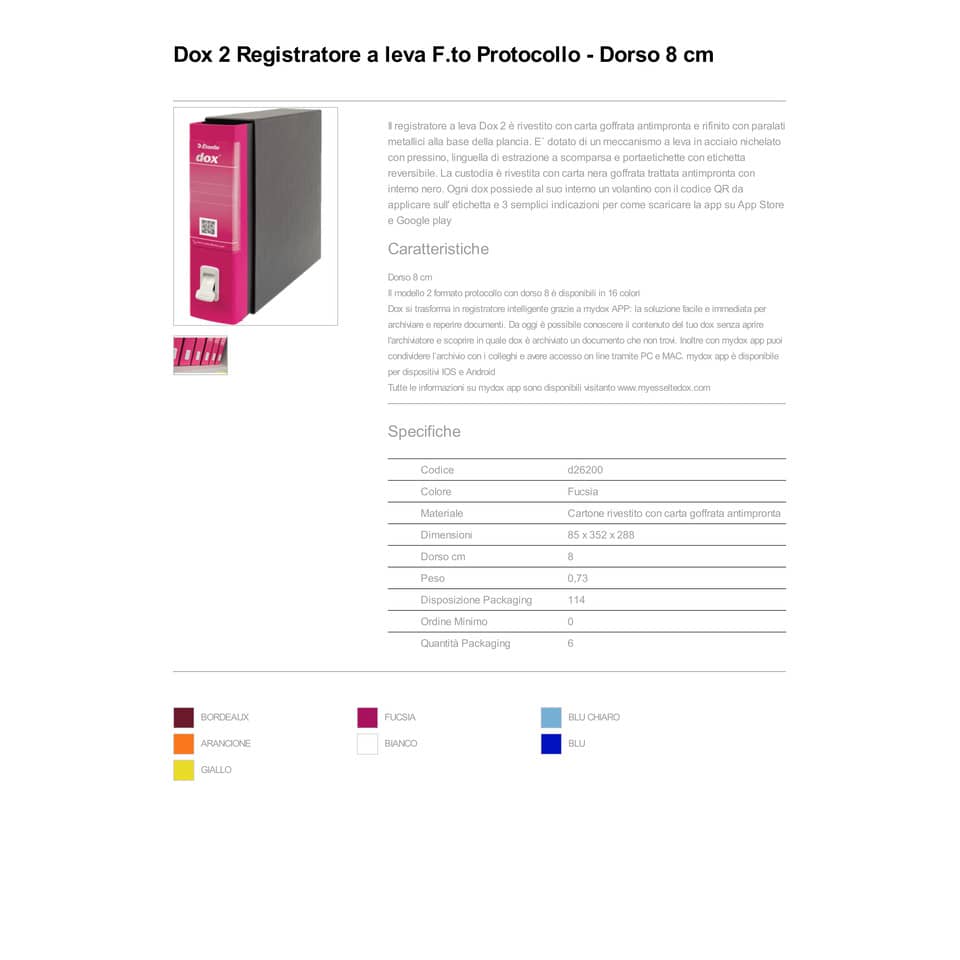 Registratore a leva DOX2 Protocollo 28,5x35 cm - dorso 8 cm fucsia fucsia - D26200