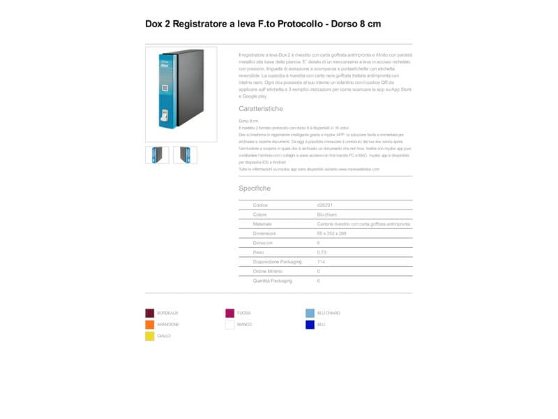 Registratore a leva DOX2 Protocollo 28,5x35 cm - dorso 8 cm blu chiaro D26201