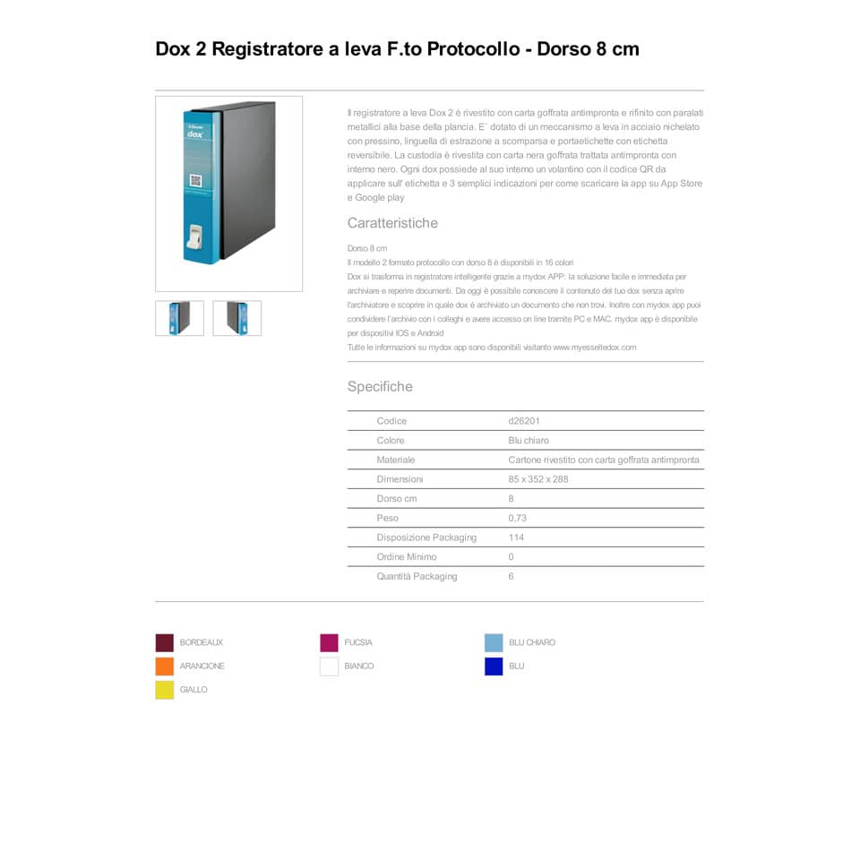 Registratore a leva DOX2 Protocollo 28,5x35 cm - dorso 8 cm blu chiaro D26201