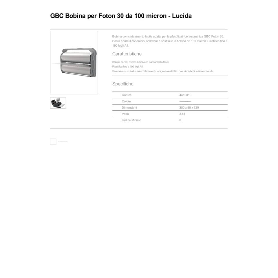 Bobina per plastificatrice automatica GBC Foton 30 - fino a 190 ff. A4 100 micron lucido - 4410018