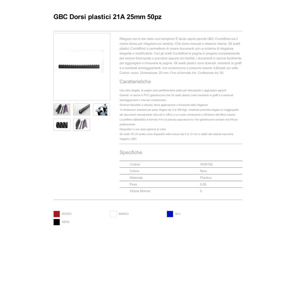 Dorsi plastici a 21 anelli GBC CombBind 25 mm A4 nero - fino a 225 fogli conf da 50 dorsi - 4028182