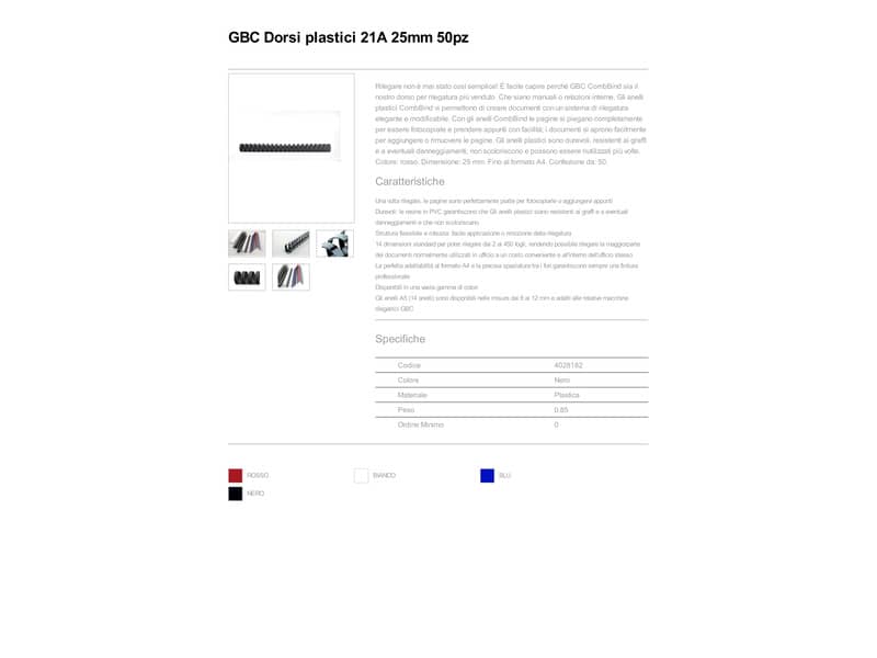 Dorsi plastici a 21 anelli GBC CombBind 25 mm A4 nero - fino a 225 fogli conf da 50 dorsi - 4028182