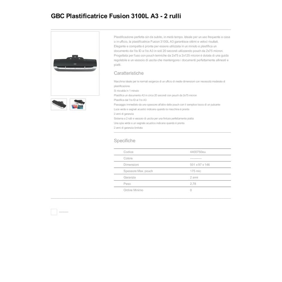 Plastificatrice a caldo GBC Fusion 3100L per pouches da 2x175 my a3 4400750EU
