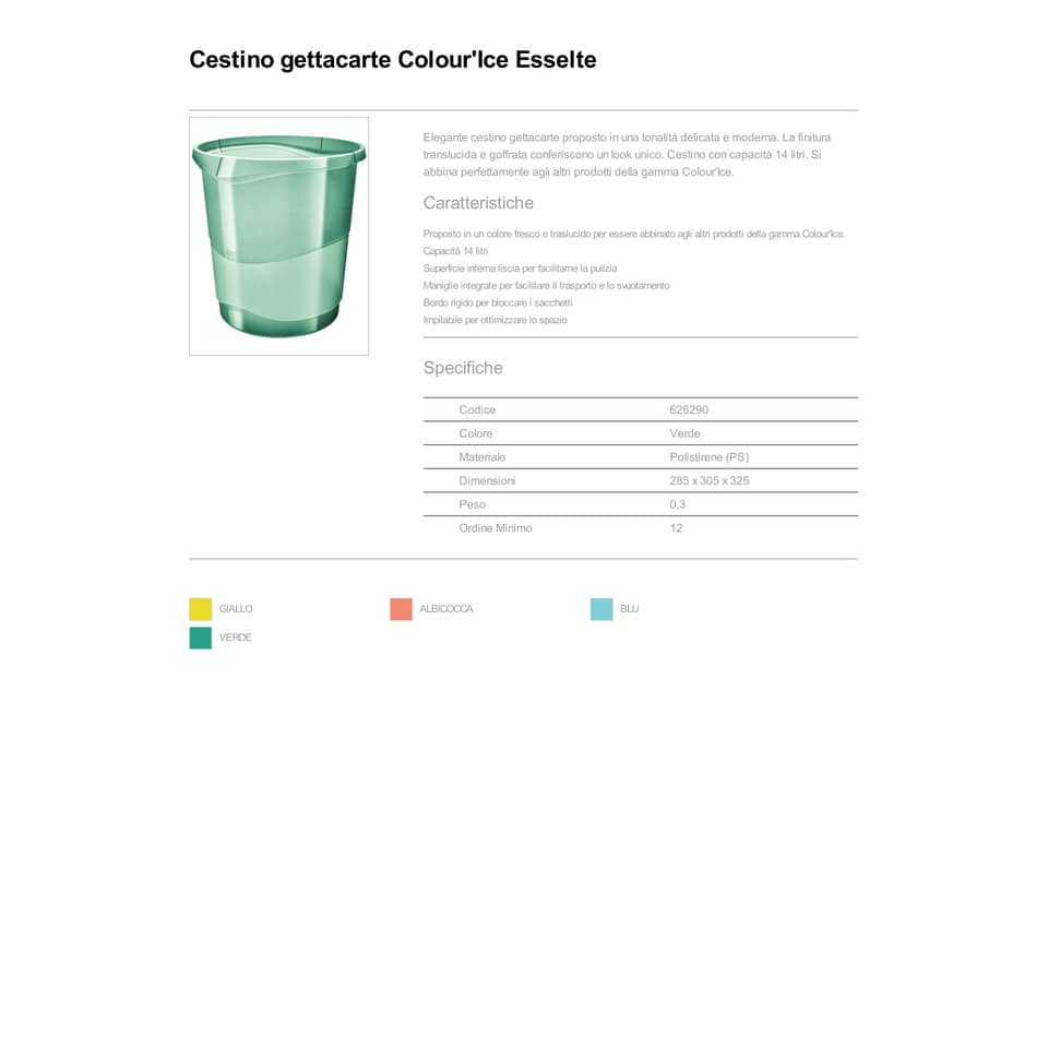 Cestino gettacarte Esselte Colour'Ice polistirene verde trasparente 14 litri 626290