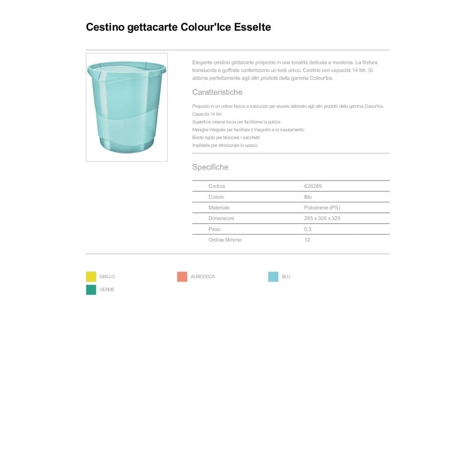 Cestino gettacarte Esselte Colour'Ice polistirene blu trasparente 14 litri 626289