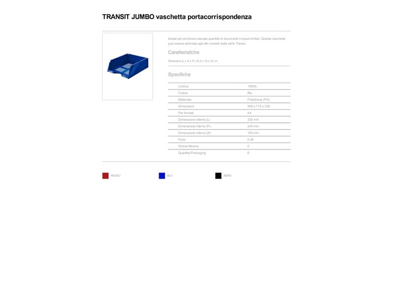 Vaschetta portacorrispondenza Esselte TRANSIT JUMBO polistirene blu 26,8x33,8x11,5 cm - 15659