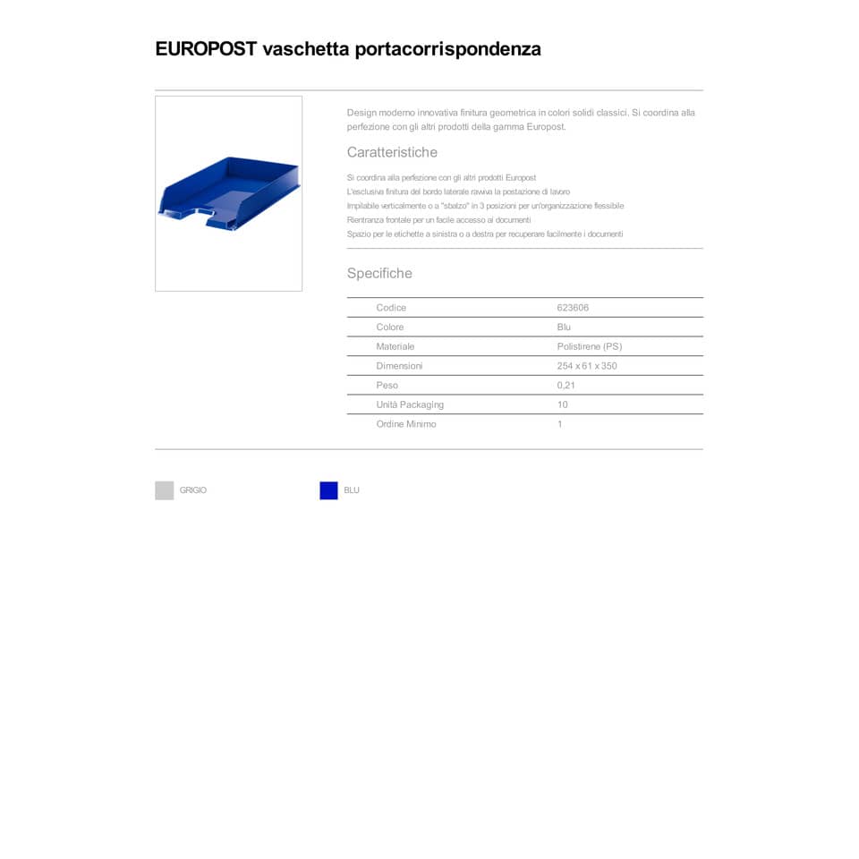 Vaschetta portacorrispondenza Esselte EUROPOST polistirene blu 623606