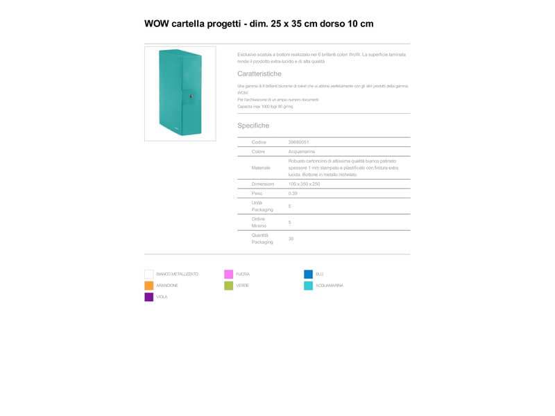Scatola portaprogetti Leitz WOW in cartone - dorso 10 cm - formato 25x35 cm acqua marina metallizzato - 39680051
