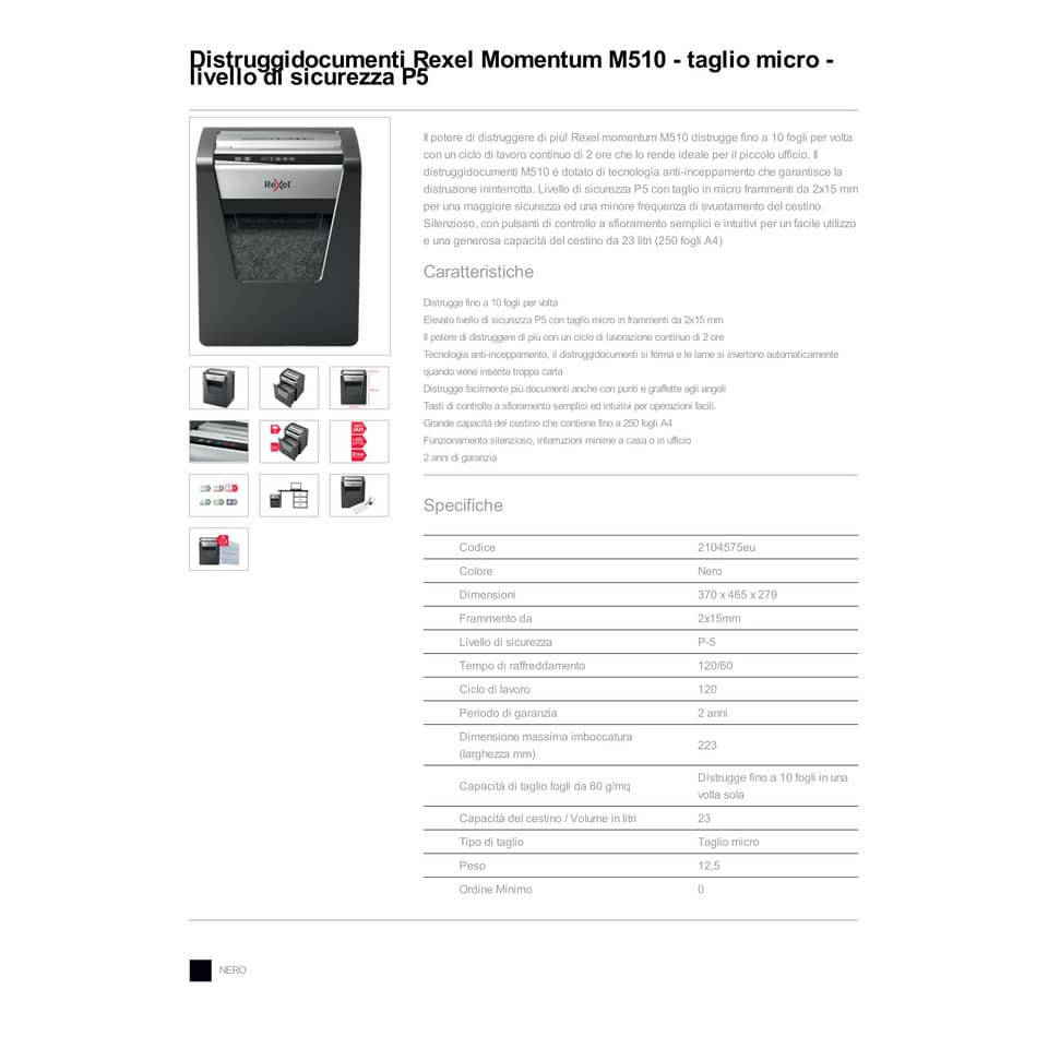 Distruggidocumenti Rexel Momentum M510 taglio micro 2104575EU