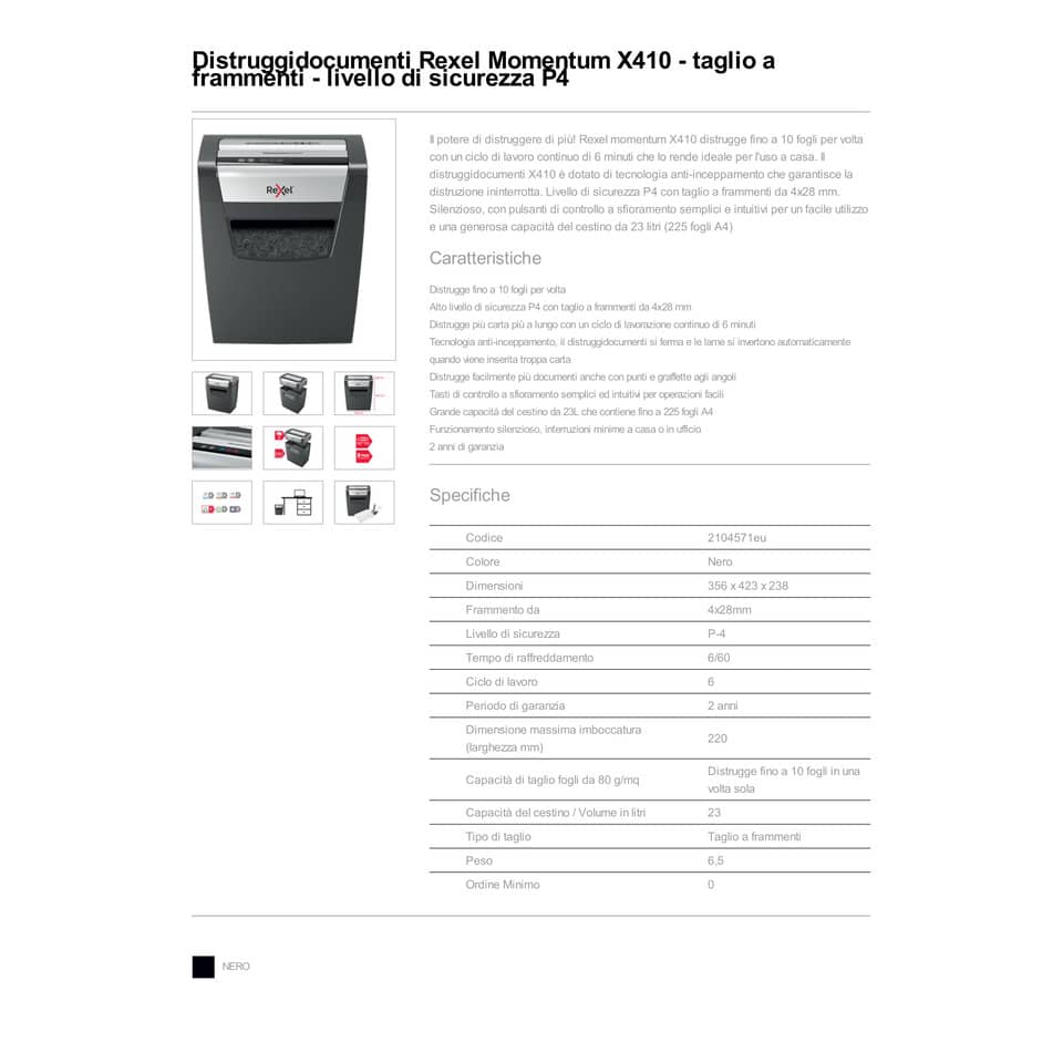 Distruggidocumenti uso moderato Rexel Momentum X410 - P-4 - 23 L - taglio a frammenti 4x28mm - 2104571EU