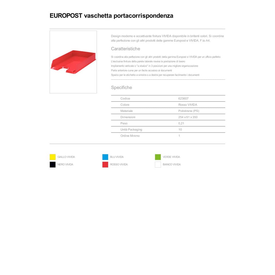 Vaschetta portacorrispondenza Esselte EUROPOST polistirolo A4 rosso vivida 623607