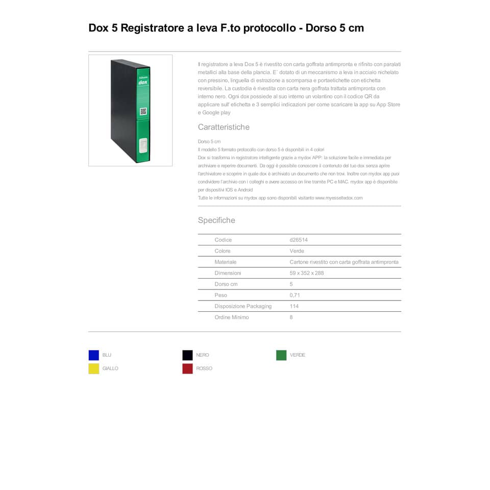 Registratore a leva DOX5 Protocollo 28,5x35 cm - dorso 5 cm verde D26514