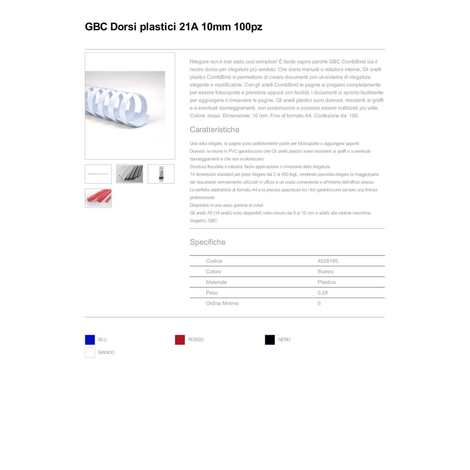 Dorsi plastici a 21 anelli GBC CombBind 10 mm A4 bianco - fino a 65 fogli conf da 100 dorsi - 4028195
