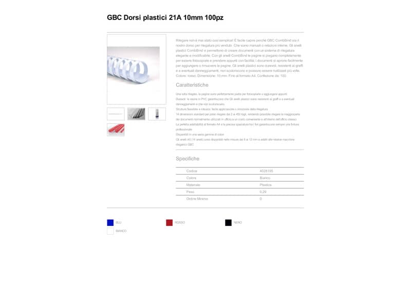 Dorsi plastici a 21 anelli GBC CombBind 10 mm A4 bianco - fino a 65 fogli conf da 100 dorsi - 4028195