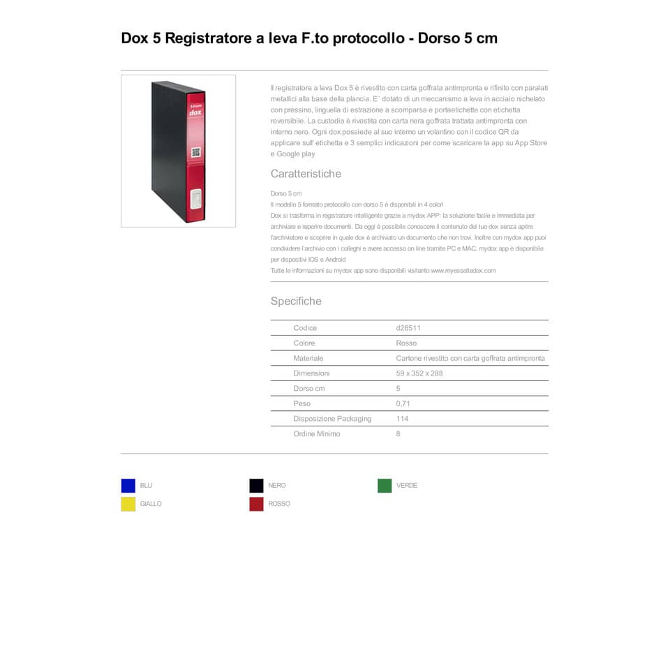 Registratore a leva DOX5 Protocollo 28,5x35 cm - dorso 5 cm rosso D26511