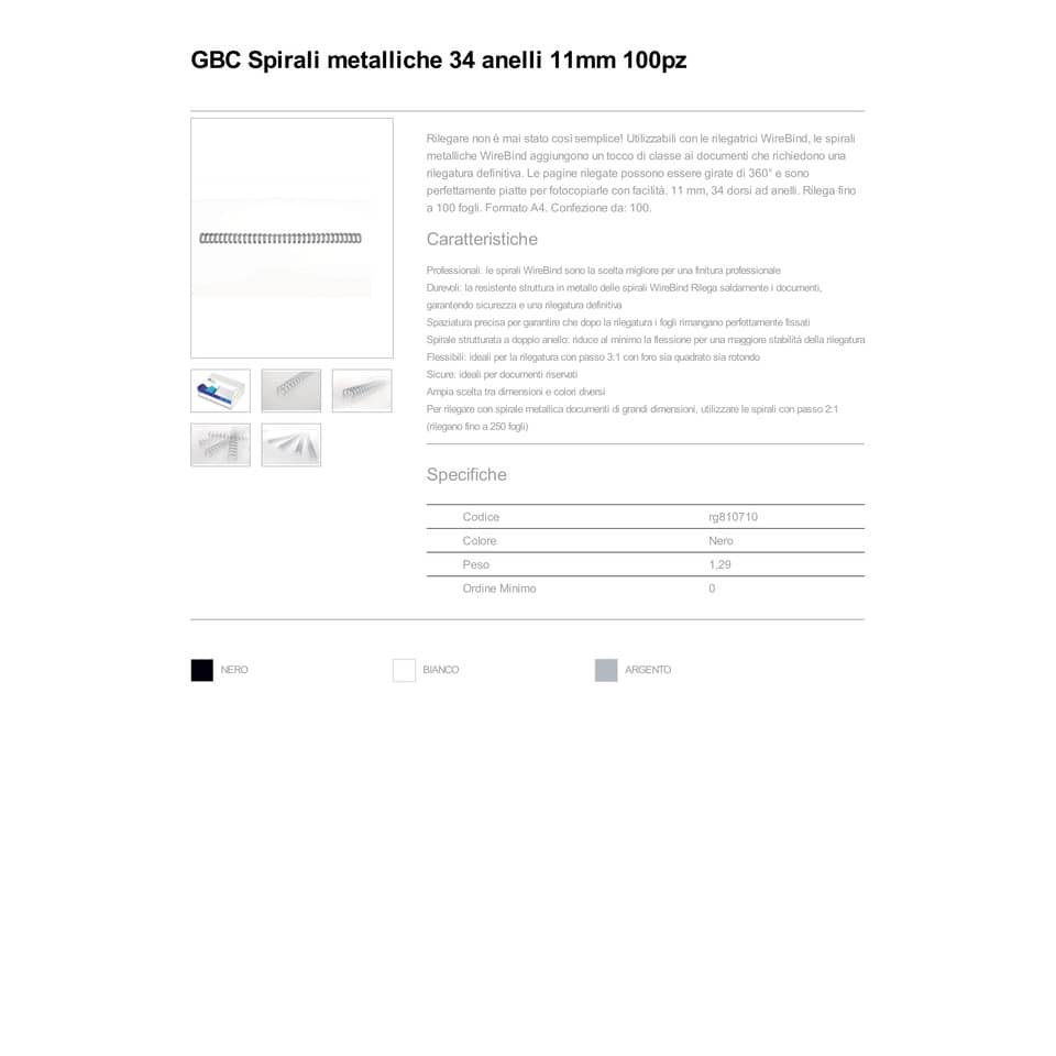 Spirali metalliche a 34 anelli GBC Wirebind 11 mm a4 nero conf da 100 spirali - RG810710