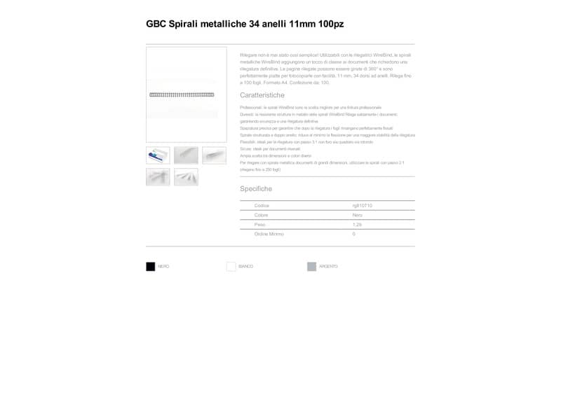 Spirali metalliche a 34 anelli GBC Wirebind 11 mm a4 nero conf da 100 spirali - RG810710