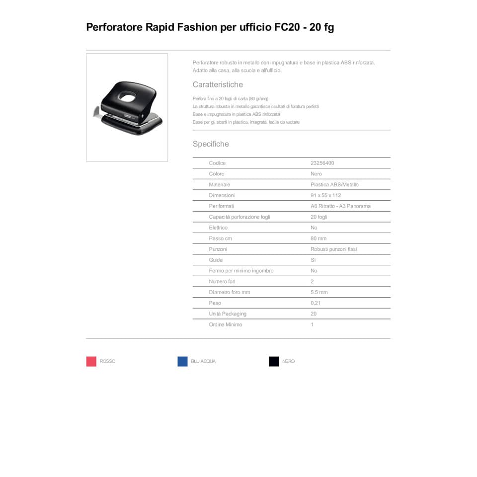 Perforatore a 2 fori Rapid FC20 Fashion 20 fogli nero 23256400