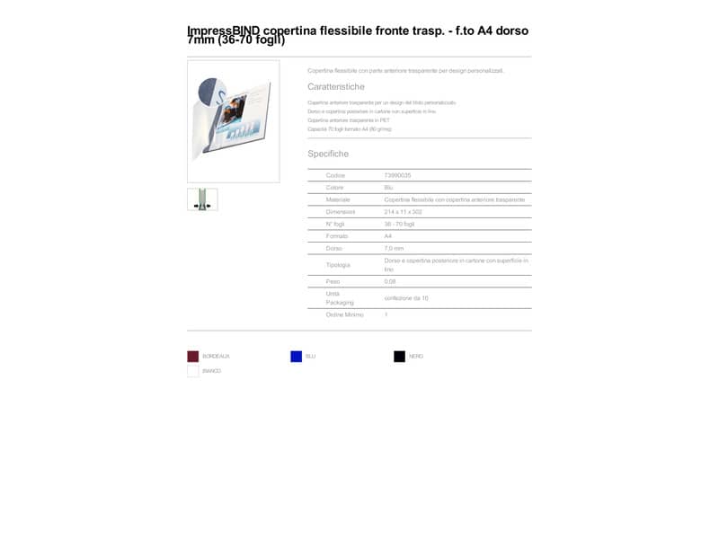Copertina flessibile max 36-70 fogli Leitz impressBIND in PPL con dorso da 7 mm A4 blu  conf. da 10 - 73990035