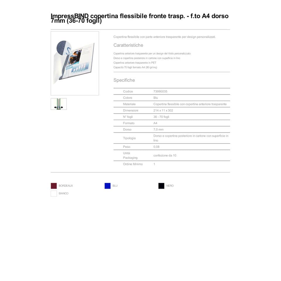 Copertina flessibile max 36-70 fogli Leitz impressBIND in PPL con dorso da 7 mm A4 blu  conf. da 10 - 73990035