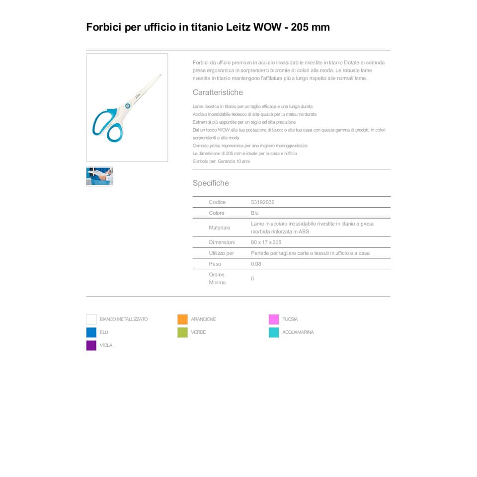 Forbici da ufficio Leitz WOW asimmetrica acciaio inox rivestito in titanio blu 20,5 cm - 53192136