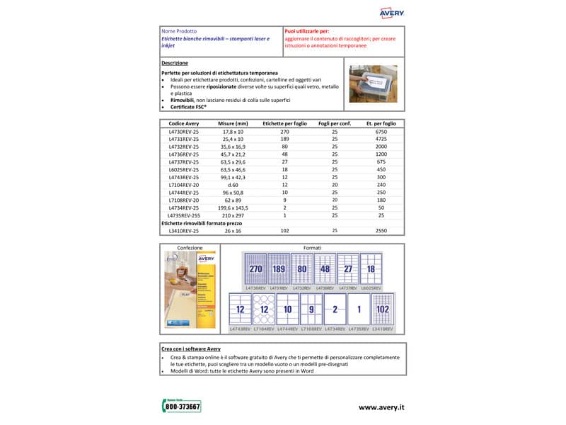 Etichette bianche rimovibili AVERY 63,5x46,6 mm - 18 et/foglio - stampanti laser/inkjet Conf. 25 fogli L6025REV-25