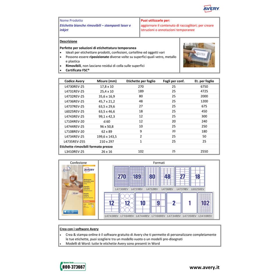 Etichette bianche rimovibili AVERY 199,6x143,5 mm - 2 et/foglio - stampanti laser/inkjet Conf. 25 fogli L4734REV-25