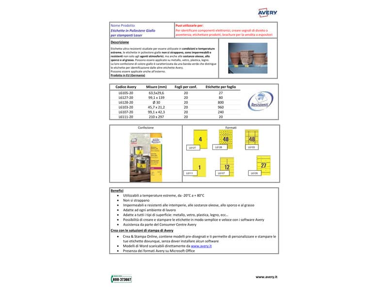 Etichette permanenti poliestere giallo Avery 45,7x21,2 mm - 48 et/foglio - per stampanti laser - cf. 20 fogli L6103-20